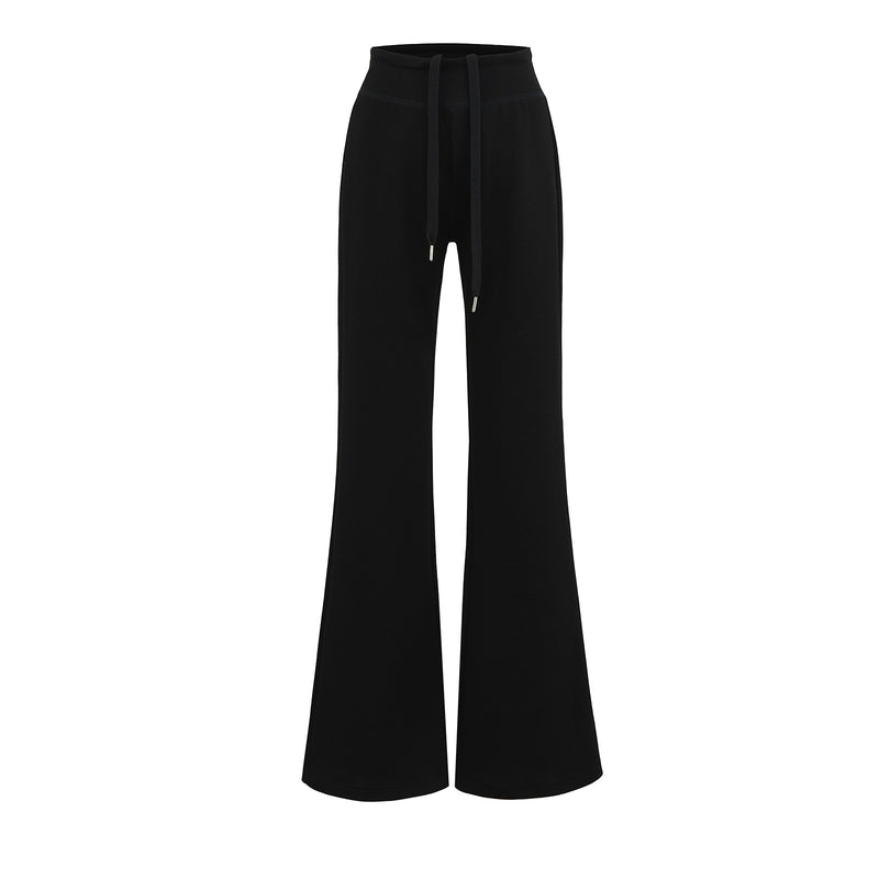 Black wide-leg pants with drawstring waist on a white background