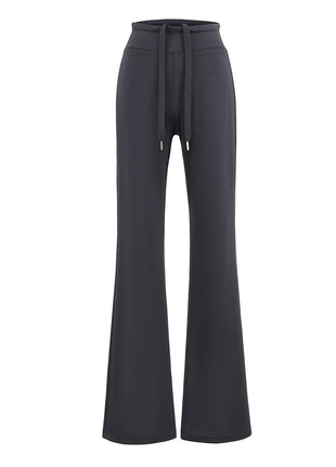 Black wide-leg pants with a tie waist on a white background