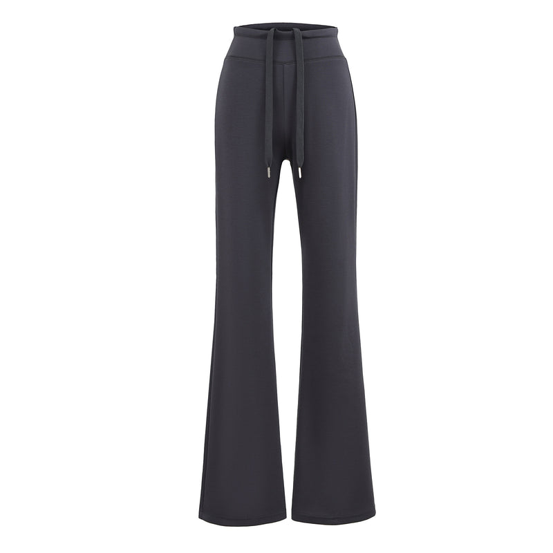 Black wide-leg pants with a tie waist on a white background