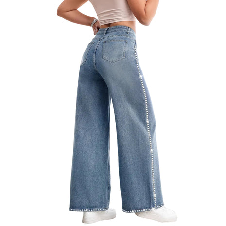 Women’s vintage washed blue jeans with multi-pocket design and comfortable wide-leg fit.