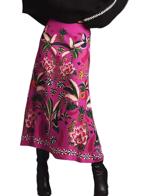 Women's Rose Red Tropical Plant Vintage Midi Skirt