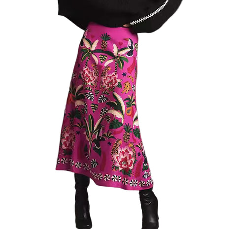 Women's Rose Red Tropical Plant Vintage Midi Skirt