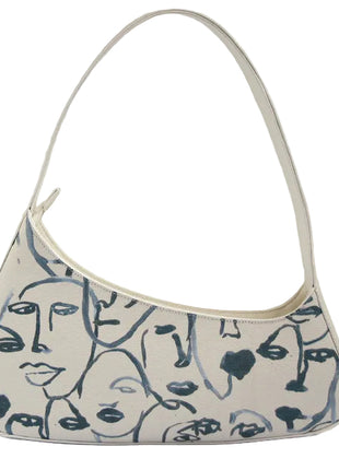 Vintage white canvas shoulder bag with character print, zipper closure, and single shoulder strap for casual everyday use.