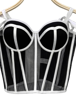 Women’s waist-cinching double strap top with modern street fashion style and mesh accents.