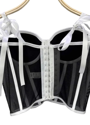 Women’s waist-cinching double strap top with modern street fashion style and mesh accents.
