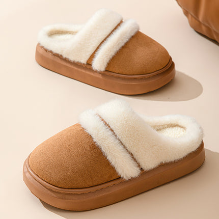 Brown slippers with white fur lining on a beige background