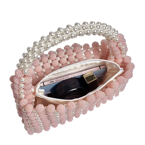 Waxberry Pearl Ball Handmade Beaded Handbag | Elegant Acrylic Pearl Purse pink blndl