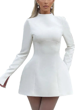 white A-line dress with backless detail and modern European American fashion style.