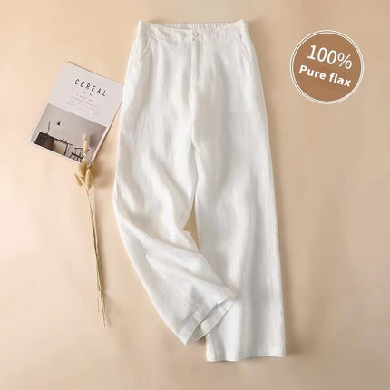 White pants on a beige background with '100% Pure flax' label.