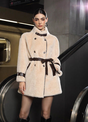 Model wearing a cream-colored coat with a belt in an urban setting