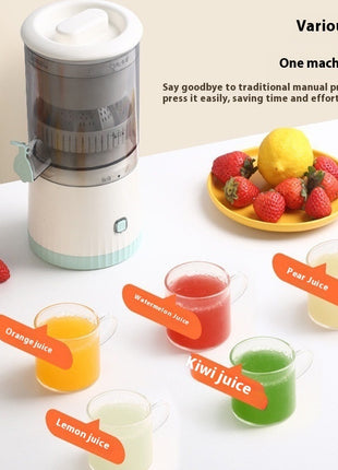 Juice extractor with various juice types and fruits on a white background