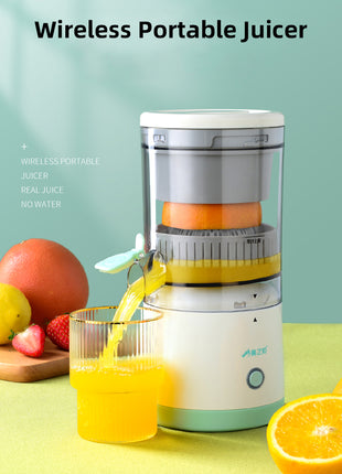 Wireless portable juicer with a glass of orange juice and fruits on a light green background