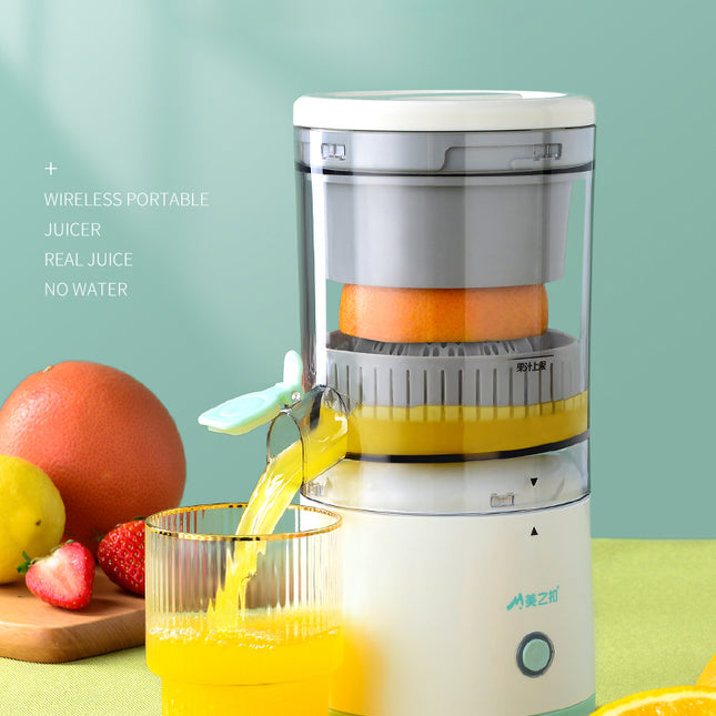 Wireless portable juicer with a glass of orange juice and fruits on a light green background
