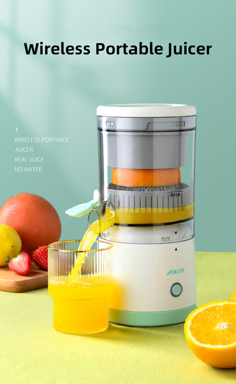 Wireless portable juicer with a glass of orange juice and fruits on a light green background