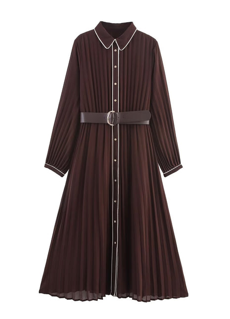 Brown pleated dress with a belt on