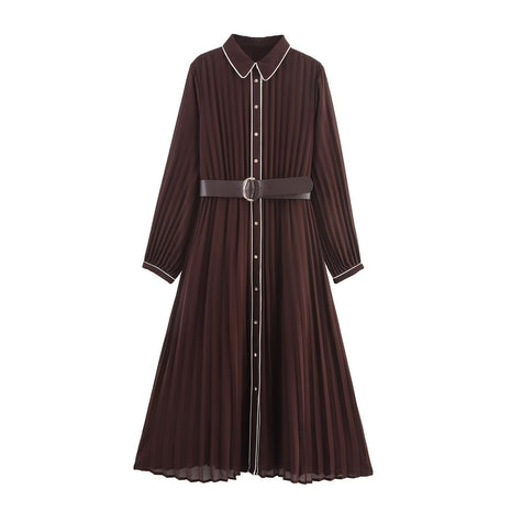 Brown pleated dress with a belt on