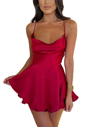 Elegant red satin dress with slim strap design and luxurious mercerized fabric finish.