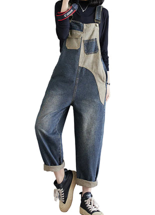 Women's High Waist Utility Denim Overall with Metal Buttons