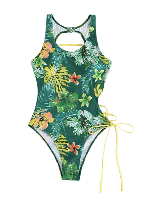 Tropical leaf patterned swimsuit with yellow accents on a white background