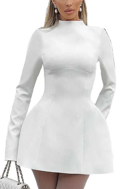 Women’s backless mini dress with long sleeves, high waist fit, and slim A-line silhouette.