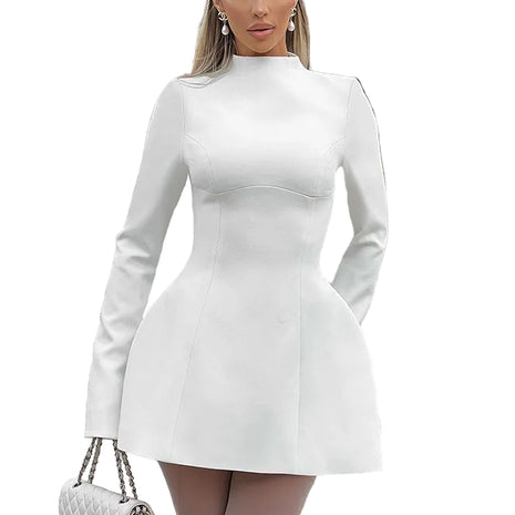 Women’s backless mini dress with long sleeves, high waist fit, and slim A-line silhouette.