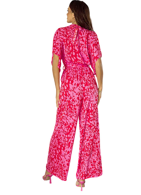 Elegant Rose Red Leopard Print Full-Length Women's Jumpsuit