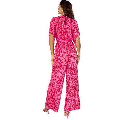 Elegant Rose Red Leopard Print Full-Length Women's Jumpsuit