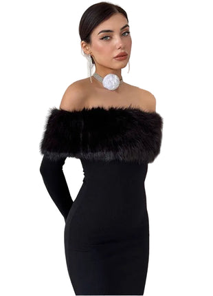 Women's Off-Shoulder Fur Collar Slim Fit Dress
Elegant Black Off-Shoulder Evening Dress
Black High-Waist Slim Fit Dress with Fur Collar
Versatile Off-Shoulder Black Dress