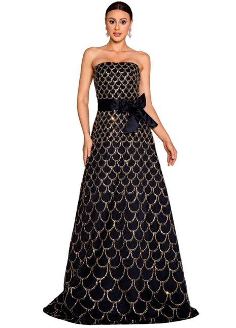 Black and gold Wrapped-Bust Sequined Party Dress