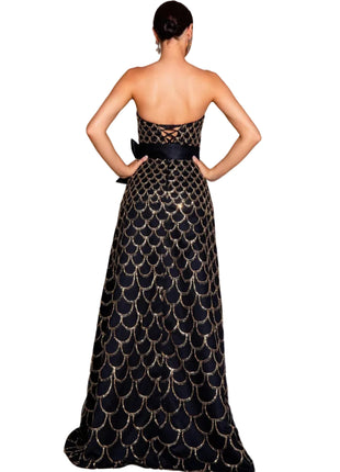 Elegant Black and gold Sequin High-Waist Evening Dress