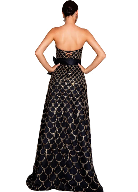 Elegant Black and gold Sequin High-Waist Evening Dress