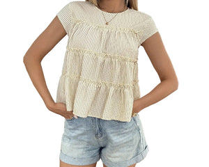Women's Casual Crew Neck Striped T-Shirt – Everyday Comfort Meets Timeless Style blndl online shop beige