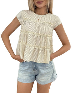 Women's Casual Crew Neck Striped T-Shirt – Everyday Comfort Meets Timeless Style blndl online shop beige