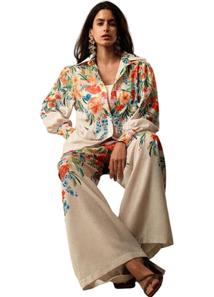 Long Sleeve Floral Blouse with Matching Trousers
