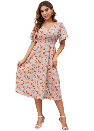 Pink Bohemian Midi Dress with Elastic Waist
