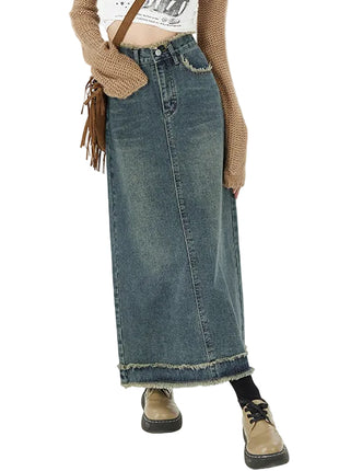 Vintage Blue Long Denim Skirt for Women