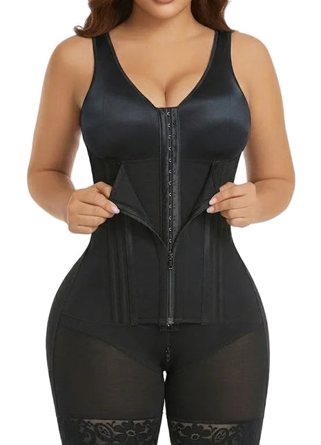 Women's Colombian faja with built-in bra support, adjustable straps, lace trim, and silicone anti-slip grips.