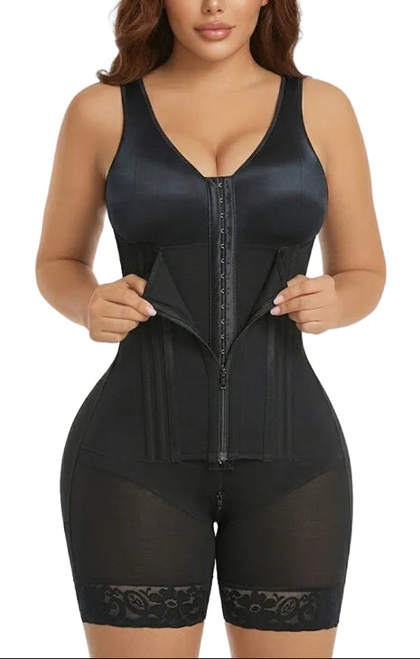 Women's Colombian faja with built-in bra support, adjustable straps, lace trim, and silicone anti-slip grips.