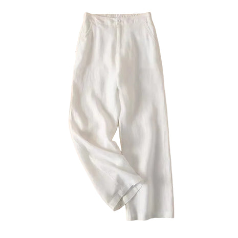 Women’s cotton and linen casual straight-leg pants with high waist design and lightweight summer fabric.