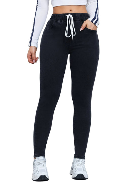 Women’s drawstring stretch denim trousers with elastic waist and slim fit winter design.