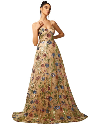 Elegant Apricot Sequin Suspender Dress