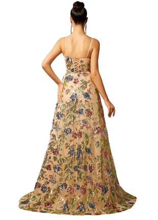 Sleeveless Apricot Evening Dress with Sequins