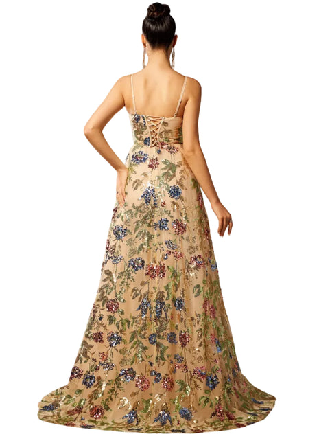 Sleeveless Apricot Evening Dress with Sequins