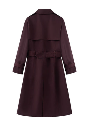 Women's Dark Purple Mid-Length Trench Coat with Long Sleeves