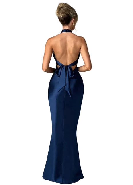 Women's Navy Blue Backless Evening Dress BLNDL