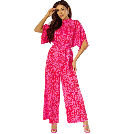 Versatile Women's Leopard Print Long Jumpsuit with Flowing Trousers