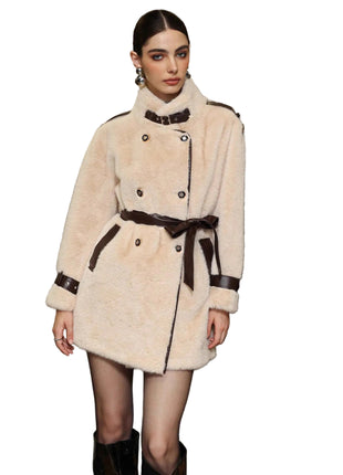 Women’s faux leather winter coat with soft fur collar, lace-up detail, and warm elegant design.