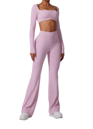 Women's Flared Activewear Set – Long Sleeve Top & High-Waist Flared Pants pink