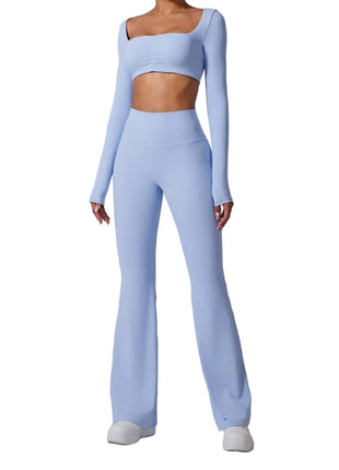 Women's Flared Activewear Set – Long Sleeve Top & High-Waist Flared Pants sky blue