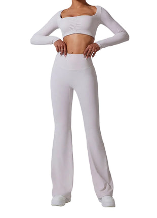 Women's Flared Activewear Set – Long Sleeve Top & High-Waist Flared Pants white blndl